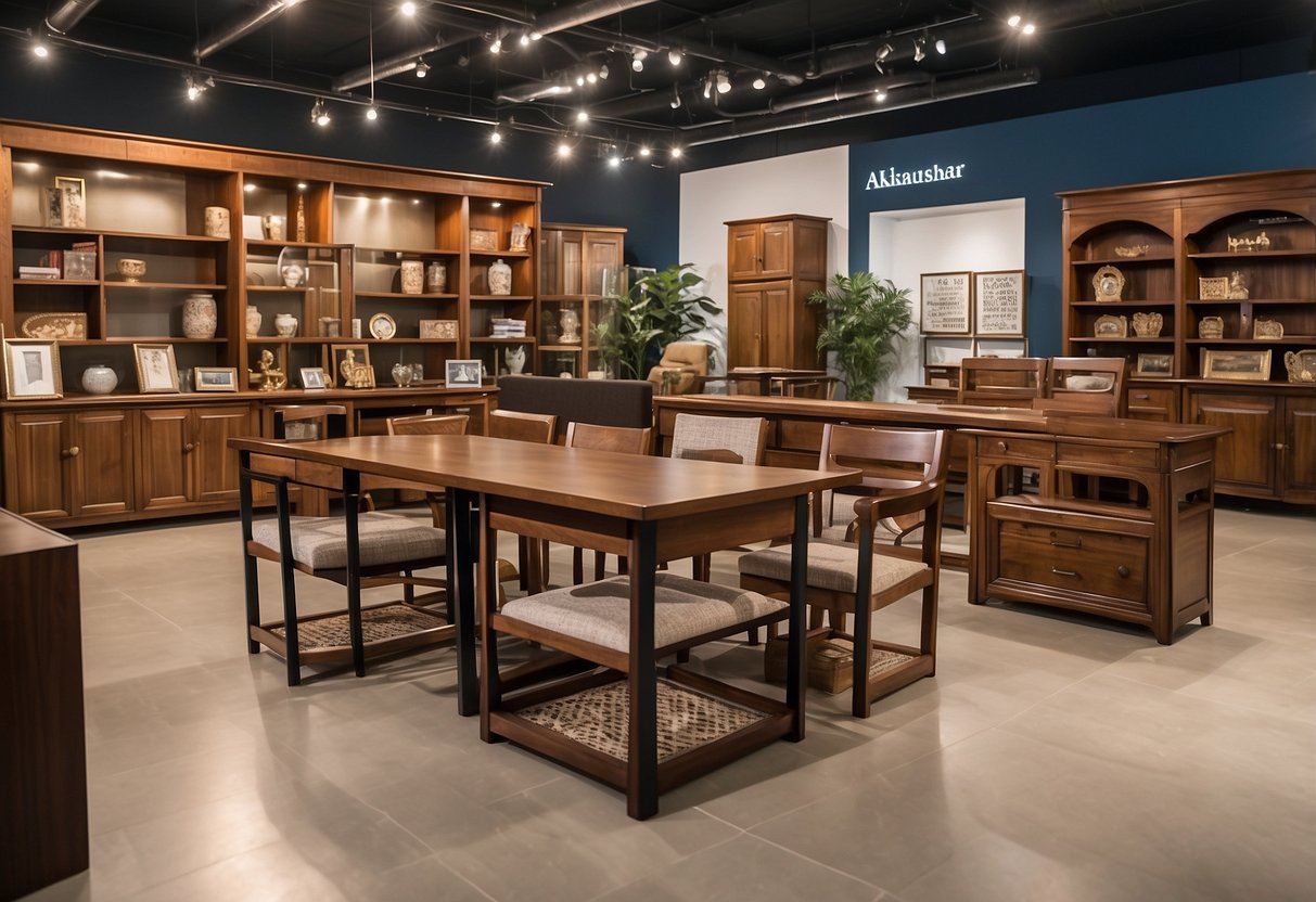 A bright, spacious showroom displaying various styles of Akhtar Furniture's reading tables, with sleek designs and sturdy construction