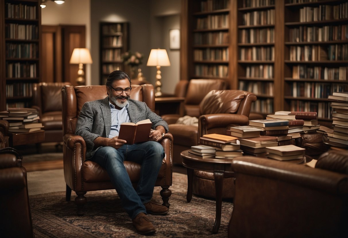 A customer sits comfortably at an Akhtar furniture reading table, surrounded by books and a warm, inviting atmosphere