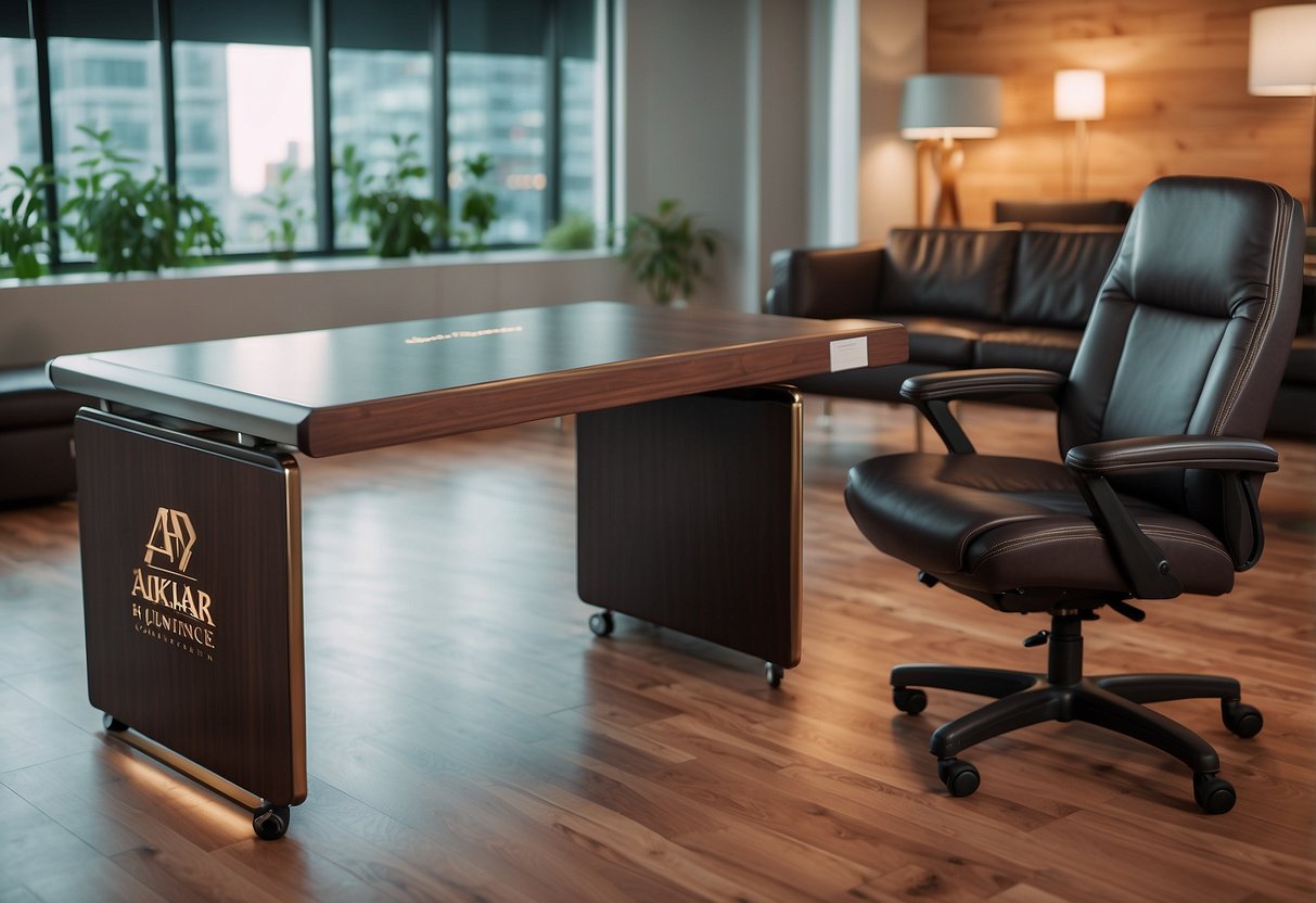 A reading table with AKhtar furniture logo, surrounded by frequently asked questions