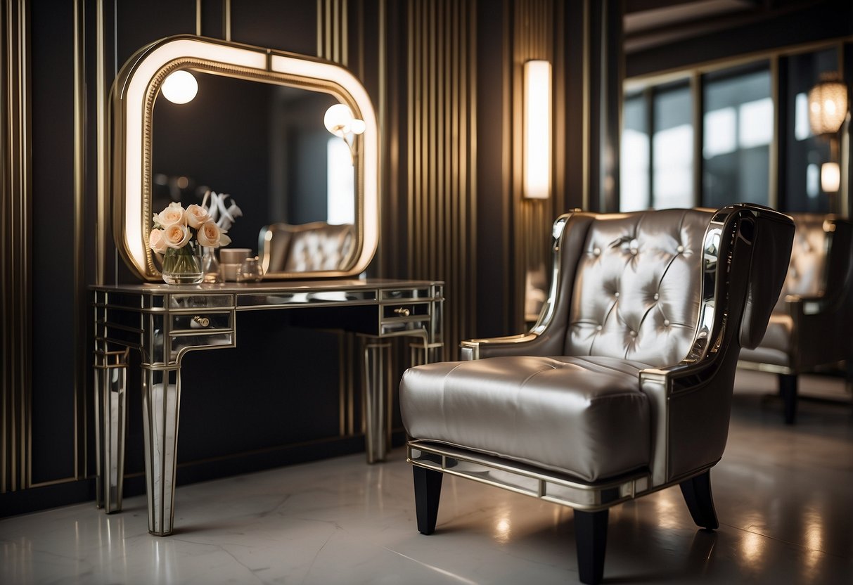 A sleek art deco chair sits beside a mirrored vanity, with geometric patterns and metallic accents throughout the room