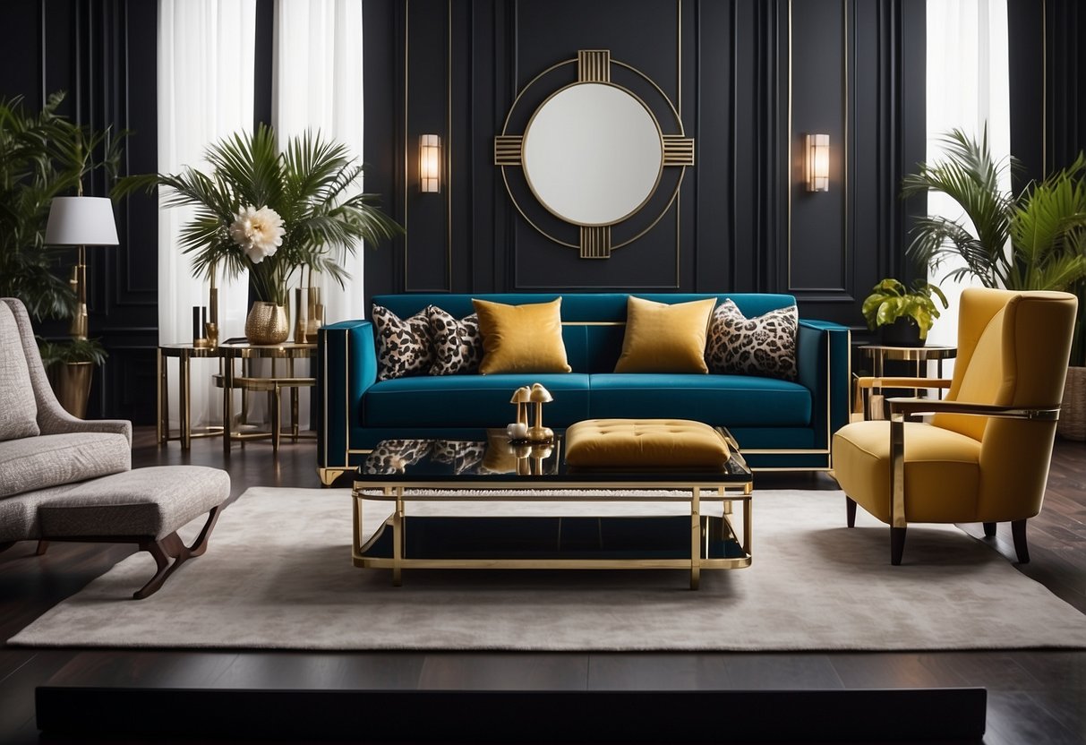 A room with sleek, geometric furniture in bold colors and luxurious materials, accented with chrome and glass details. Art deco patterns on upholstery and polished wood surfaces add to the opulent, sophisticated atmosphere