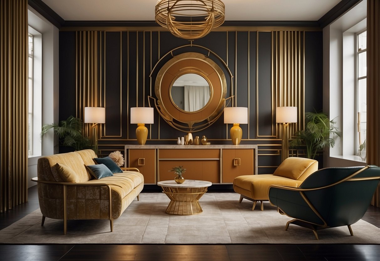 Art deco furniture arranged in a stylish room with geometric patterns and bold colors, showcasing a FAQ section