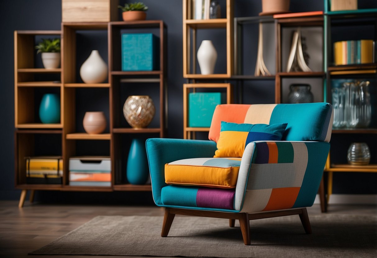 A stack of sleek, modern furniture sits against a backdrop of bold, colorful patterns, with a prominent "Top Picks" label