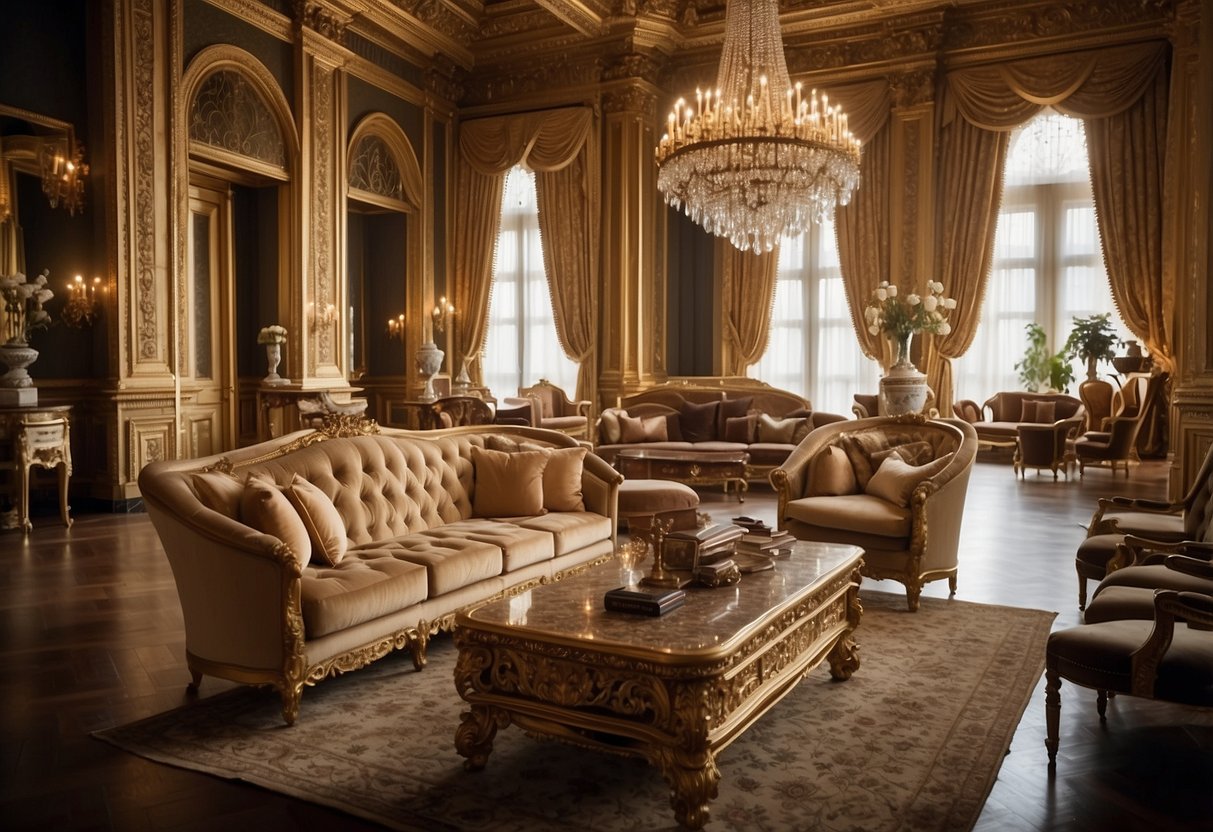 A grand room with ornate beaux arts furniture, featuring intricate carvings and luxurious upholstery, set against a backdrop of opulent drapery and gilded accents