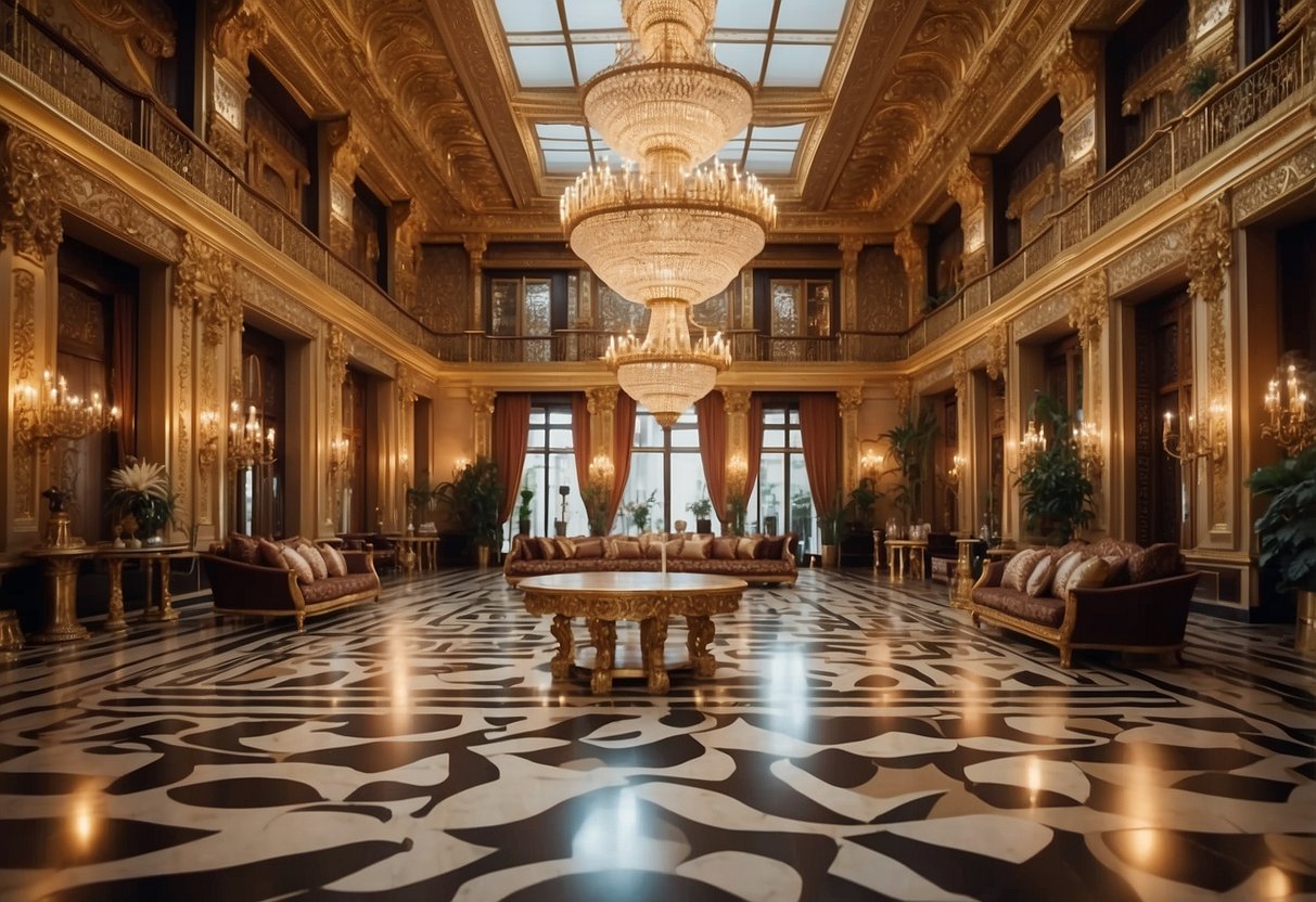 A grand ballroom filled with ornate Beaux Arts furniture, featuring elegant curves, intricate carvings, and luxurious upholstery. Rich fabrics and gilded accents add opulence to the opulent space