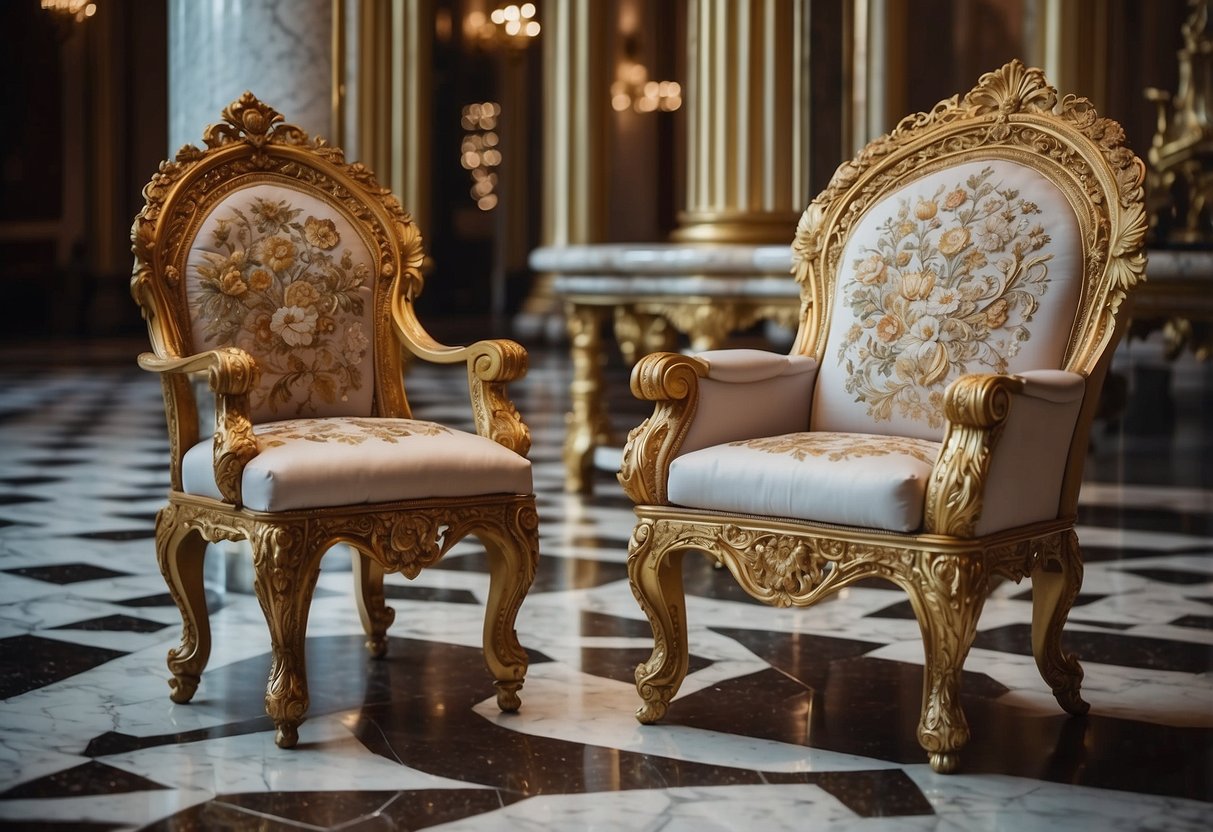 A grand, ornate chair with intricate carvings and gilded details. A marble-topped table with curved legs and floral inlays. Rich, luxurious fabrics in deep, regal colors