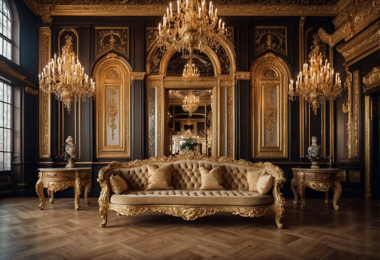 A grand hall filled with ornate Beaux Arts furniture, featuring intricate carvings, gilded accents, and luxurious upholstery