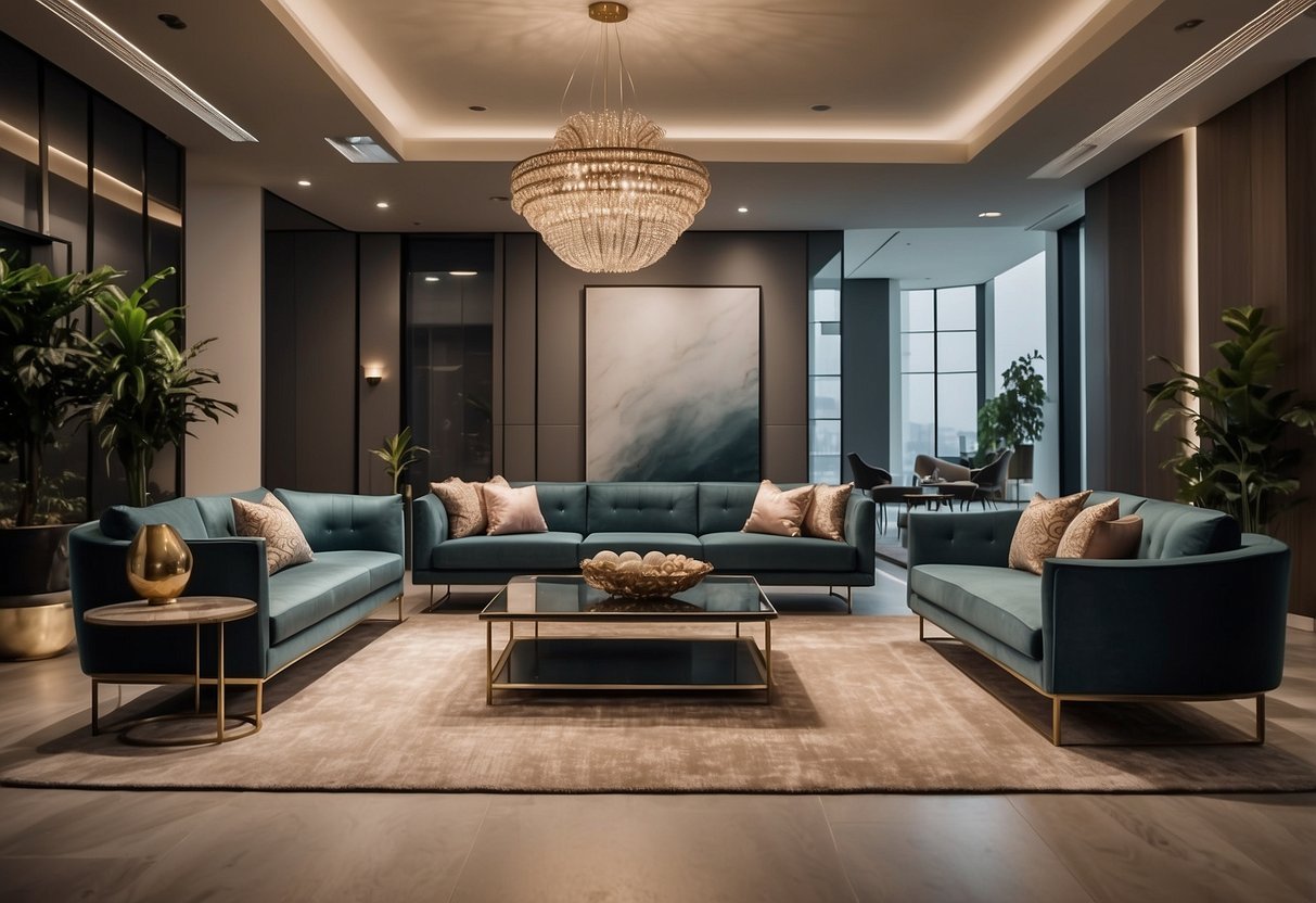 Anwar Furniture: A spacious showroom with modern, sleek furniture displays, bright lighting, and a minimalist design aesthetic