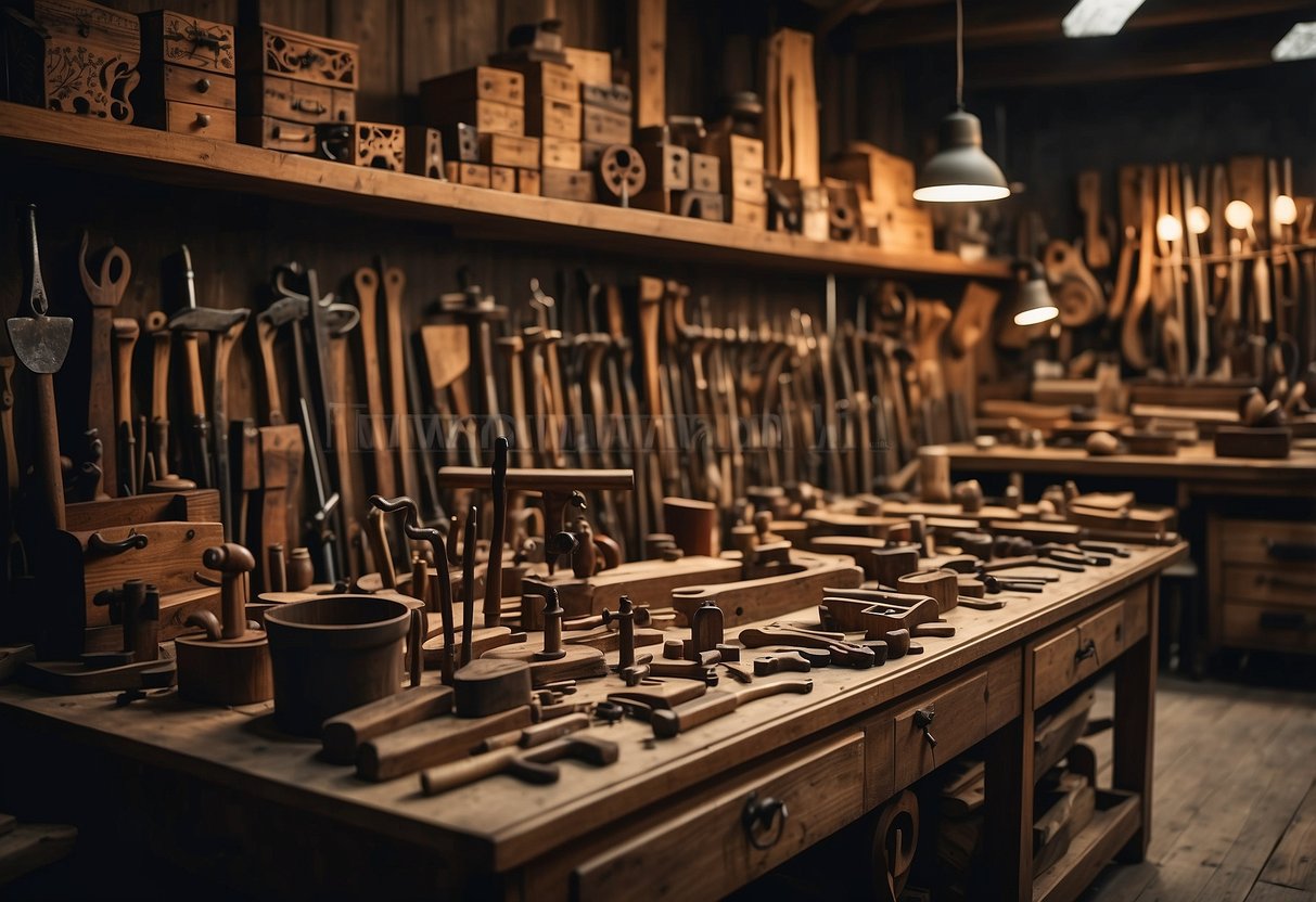 Anwar Furniture's heritage: Vintage woodworking tools, intricate carvings, and traditional designs displayed in a dimly lit workshop