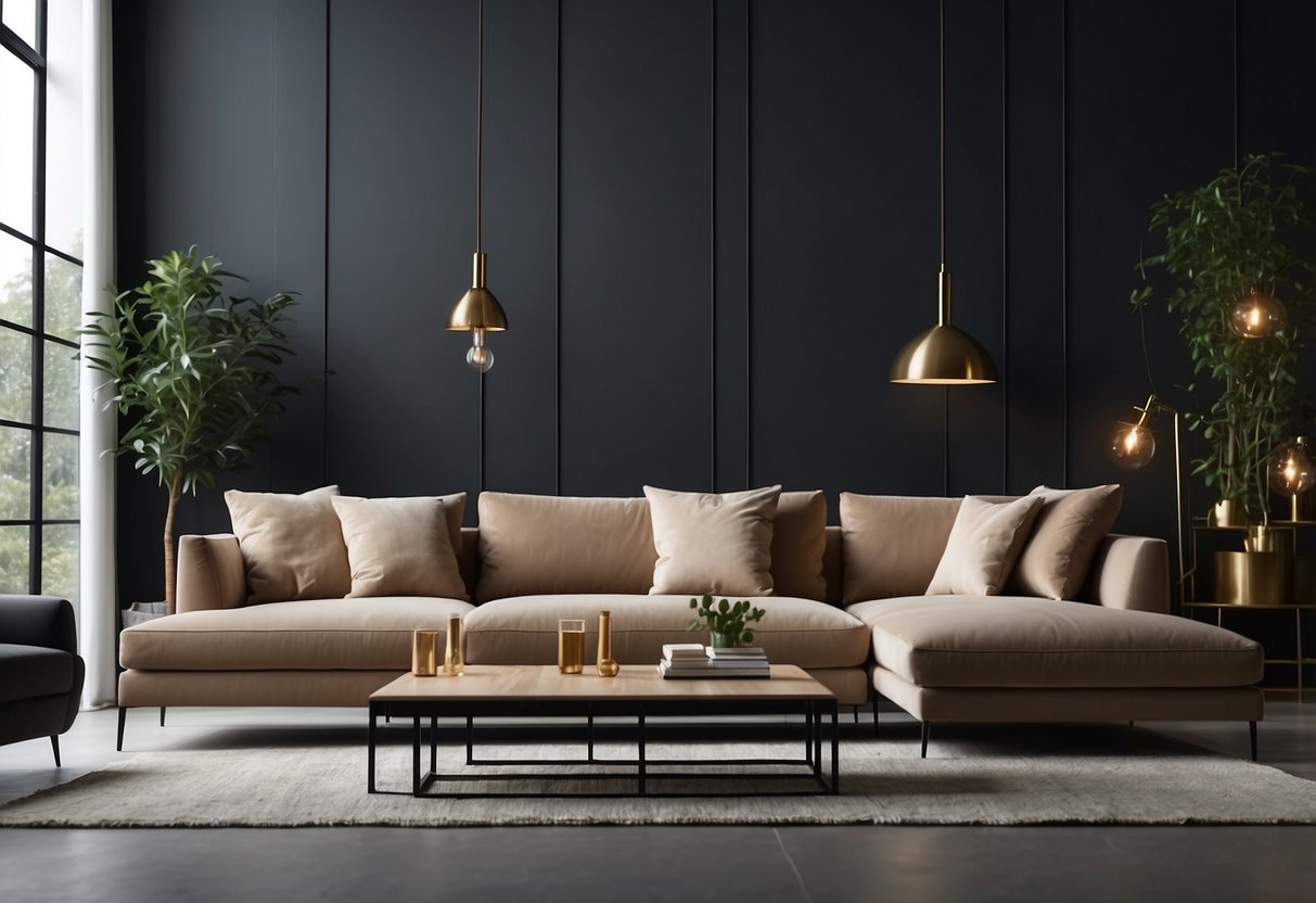 A modern living room with sleek Anwar furniture, featuring a minimalist sofa, coffee table, and elegant lighting