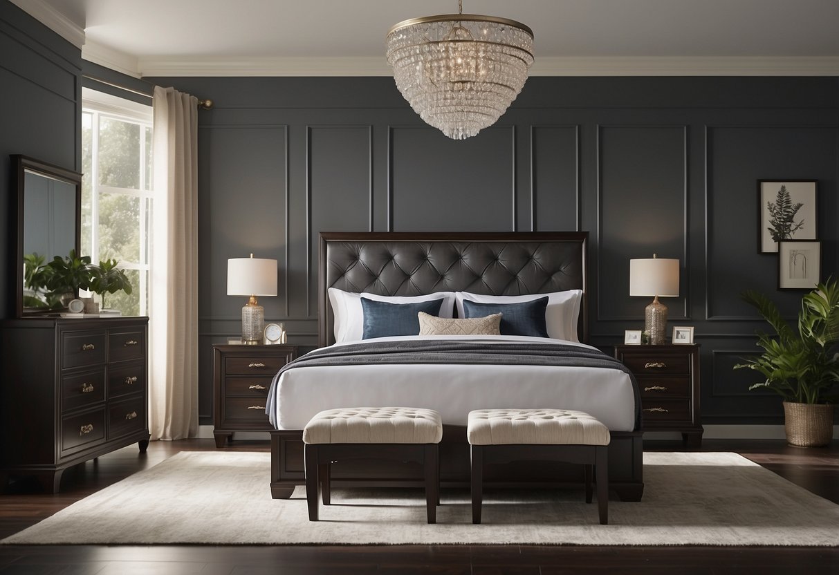 A bedroom suite with a queen-sized bed, nightstands, dresser, and mirror. The bed has a tufted headboard and the furniture is made of dark wood with silver hardware