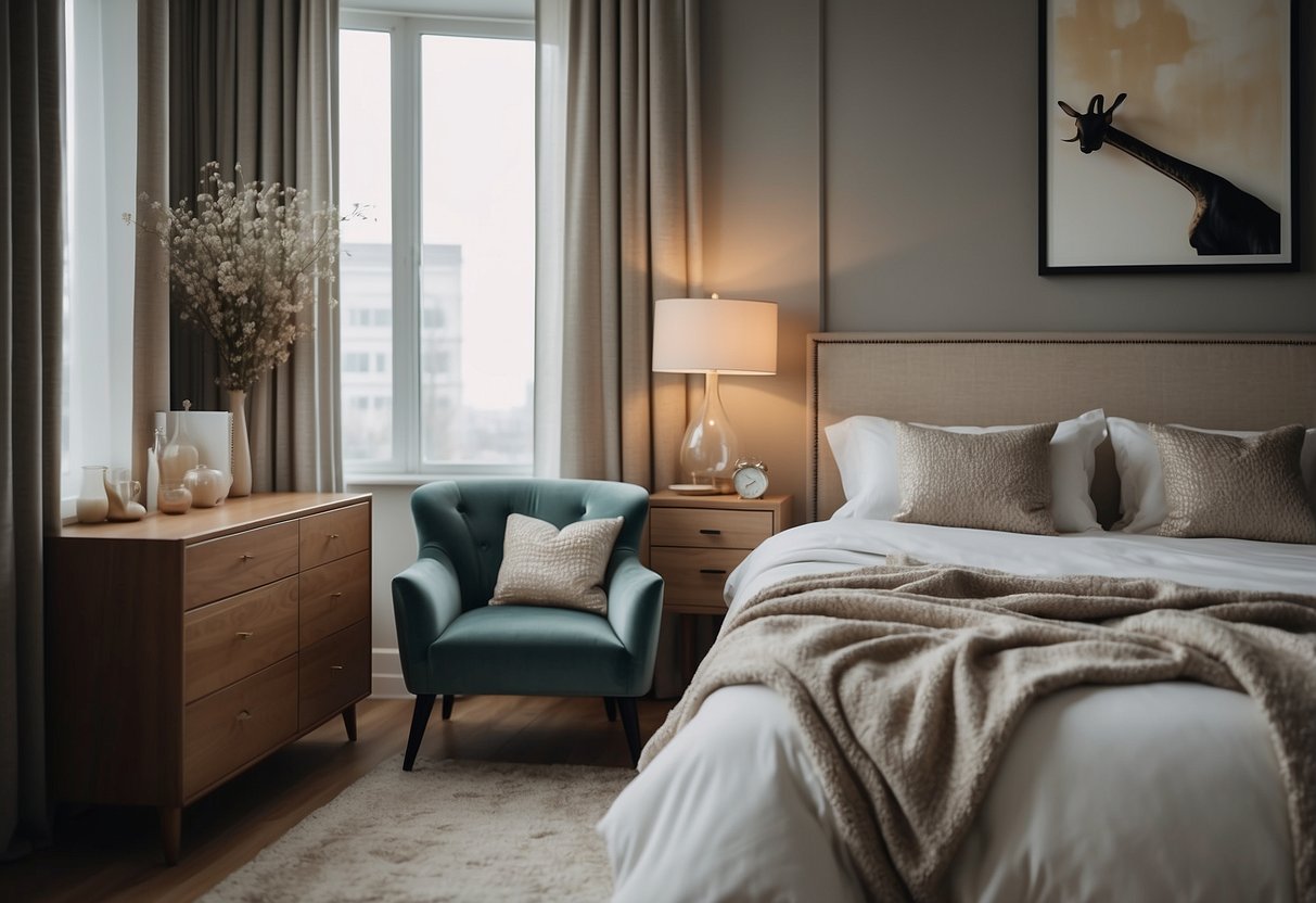 A bedroom suite with a large, elegant bed, matching nightstands, a dresser with a mirror, and a cozy armchair in the corner