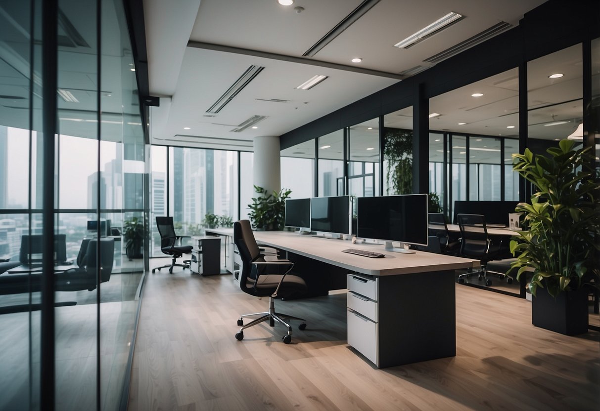 A modern office space in Singapore with sleek and ardent furniture arranged in a functional and stylish manner