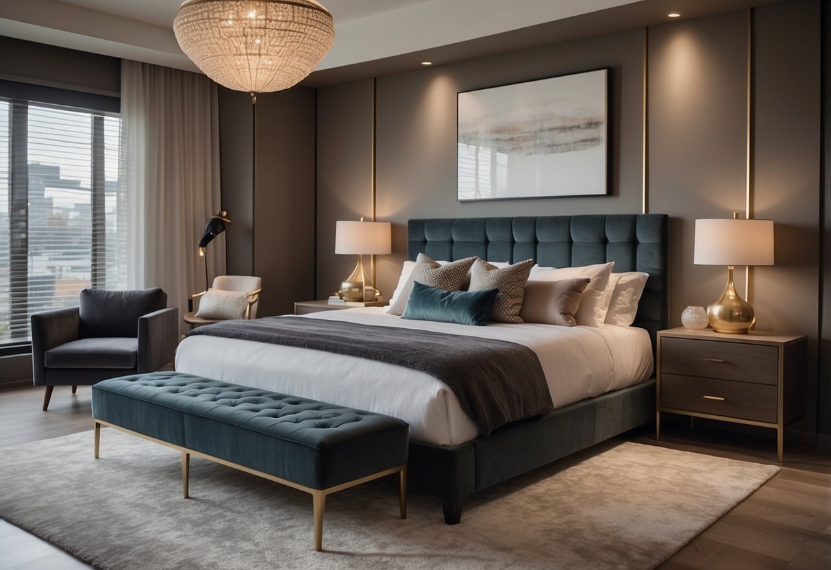 A cozy bedroom suite with a sleek, modern design. The bed is adorned with plush pillows and a soft throw blanket. The nightstands feature stylish lamps and decorative accents. The room is bathed in warm, inviting light
