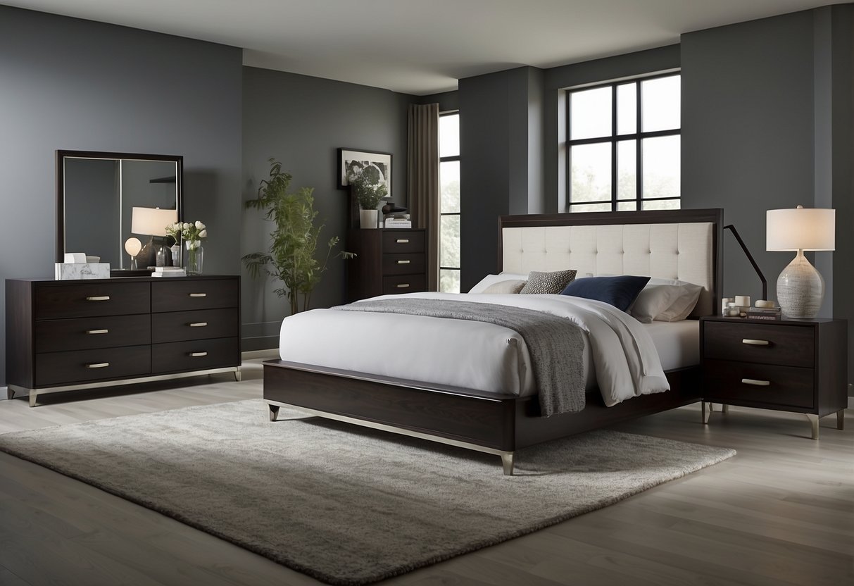 A modern bedroom suite with a queen-sized bed, two nightstands, a dresser, and a mirror. The furniture is sleek and minimalist, with clean lines and neutral colors