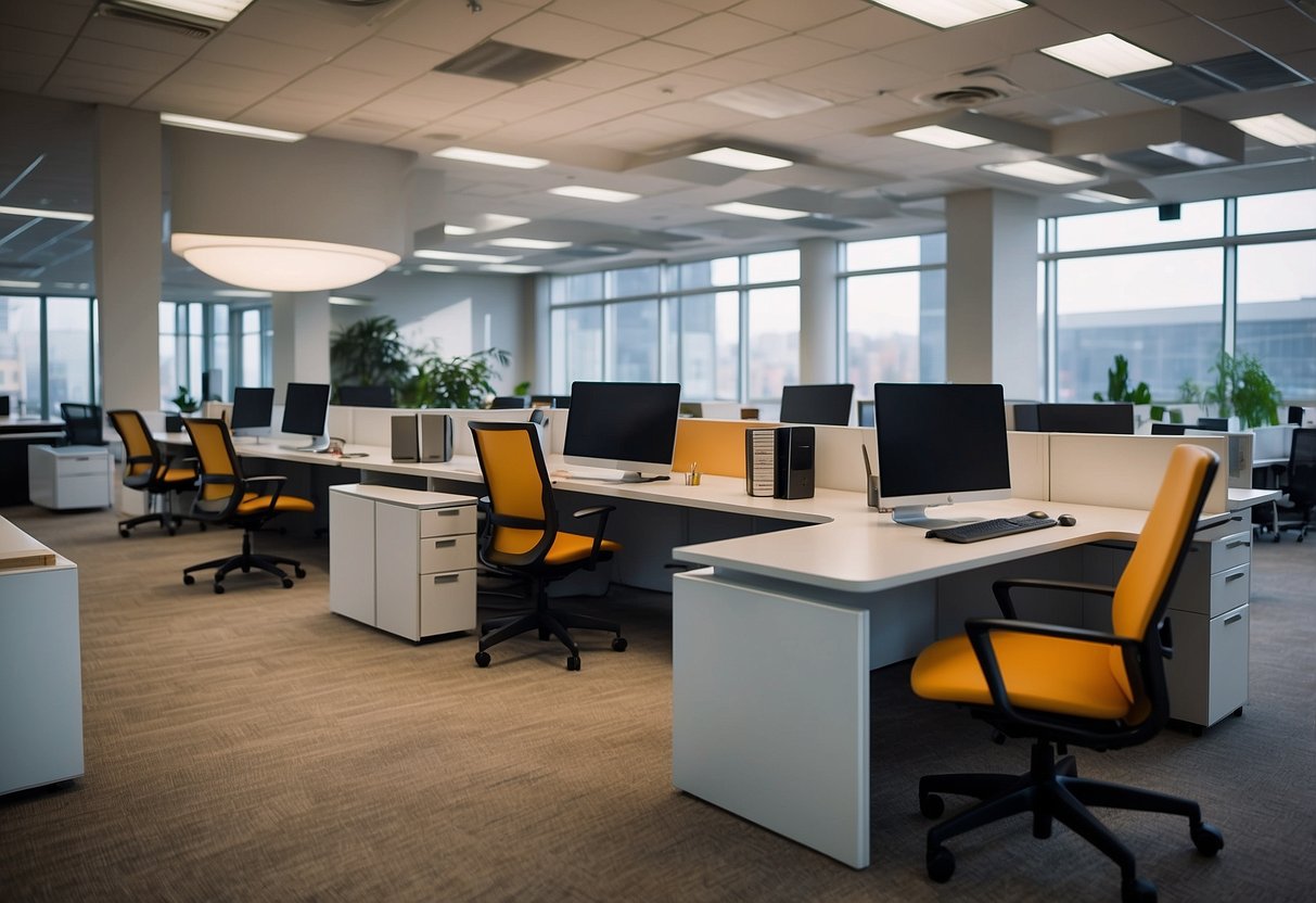 A wide variety of office furniture fills the spacious showroom, from sleek desks to ergonomic chairs, creating a modern and professional atmosphere