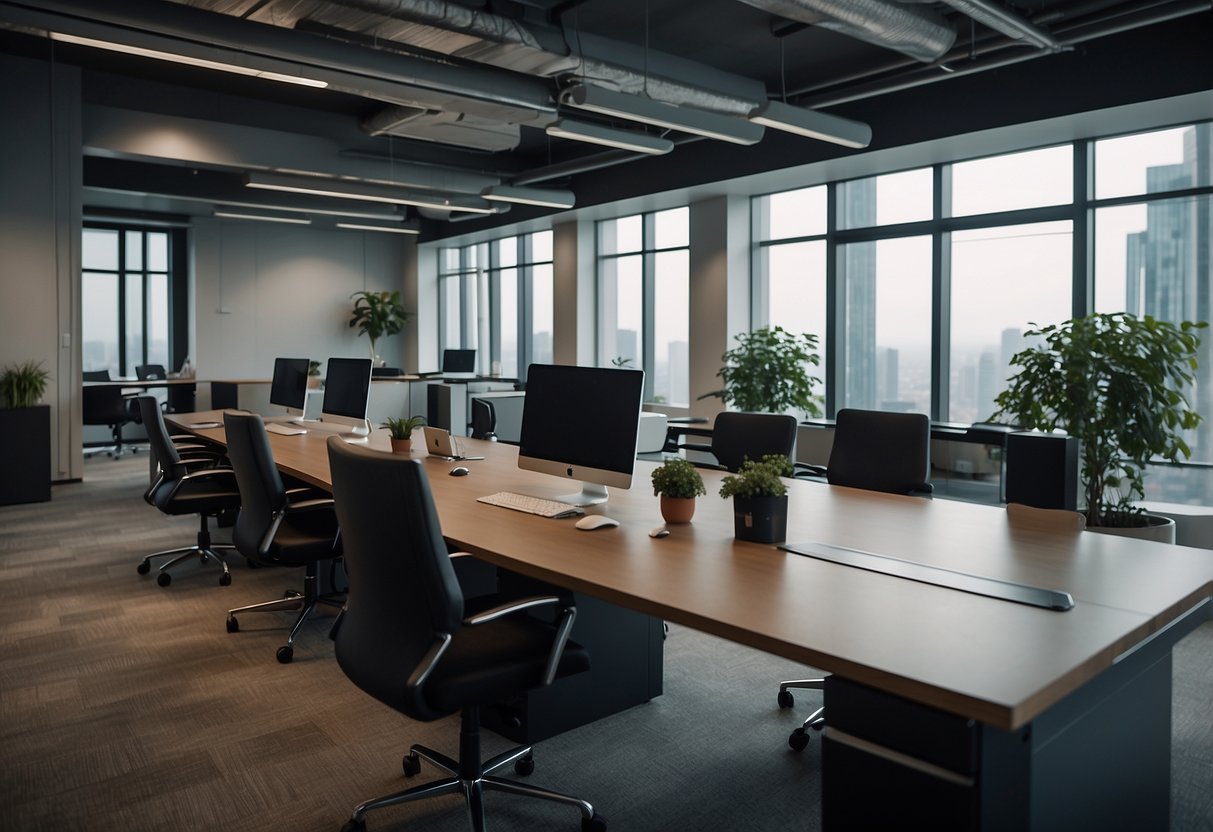 A modern office space with sleek, high-quality furniture and a dedicated service team assisting clients