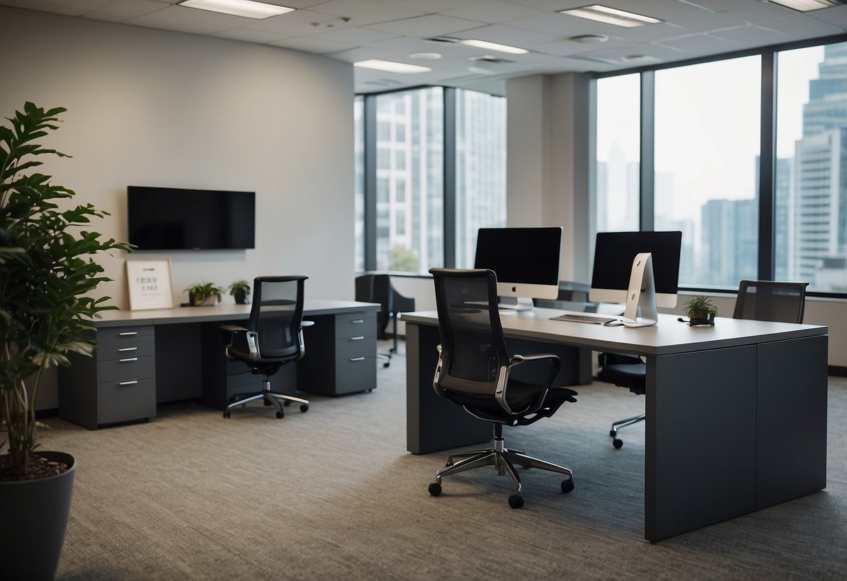 An office setting with sleek, modern furniture and a sign reading "Frequently Asked Questions" in bold lettering