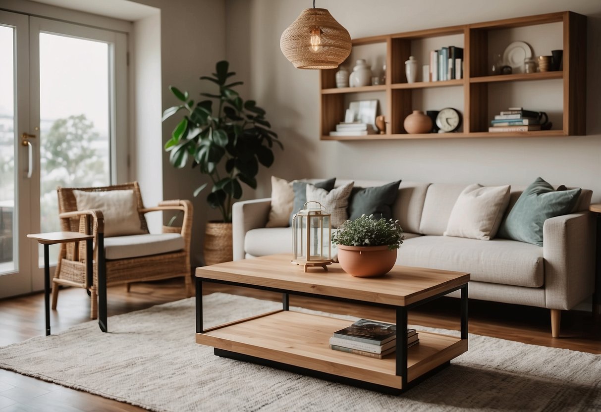 A cozy living room with a sleek wooden coffee table, a stylish dining set, and a beautiful wooden bookshelf showcasing various home decor items