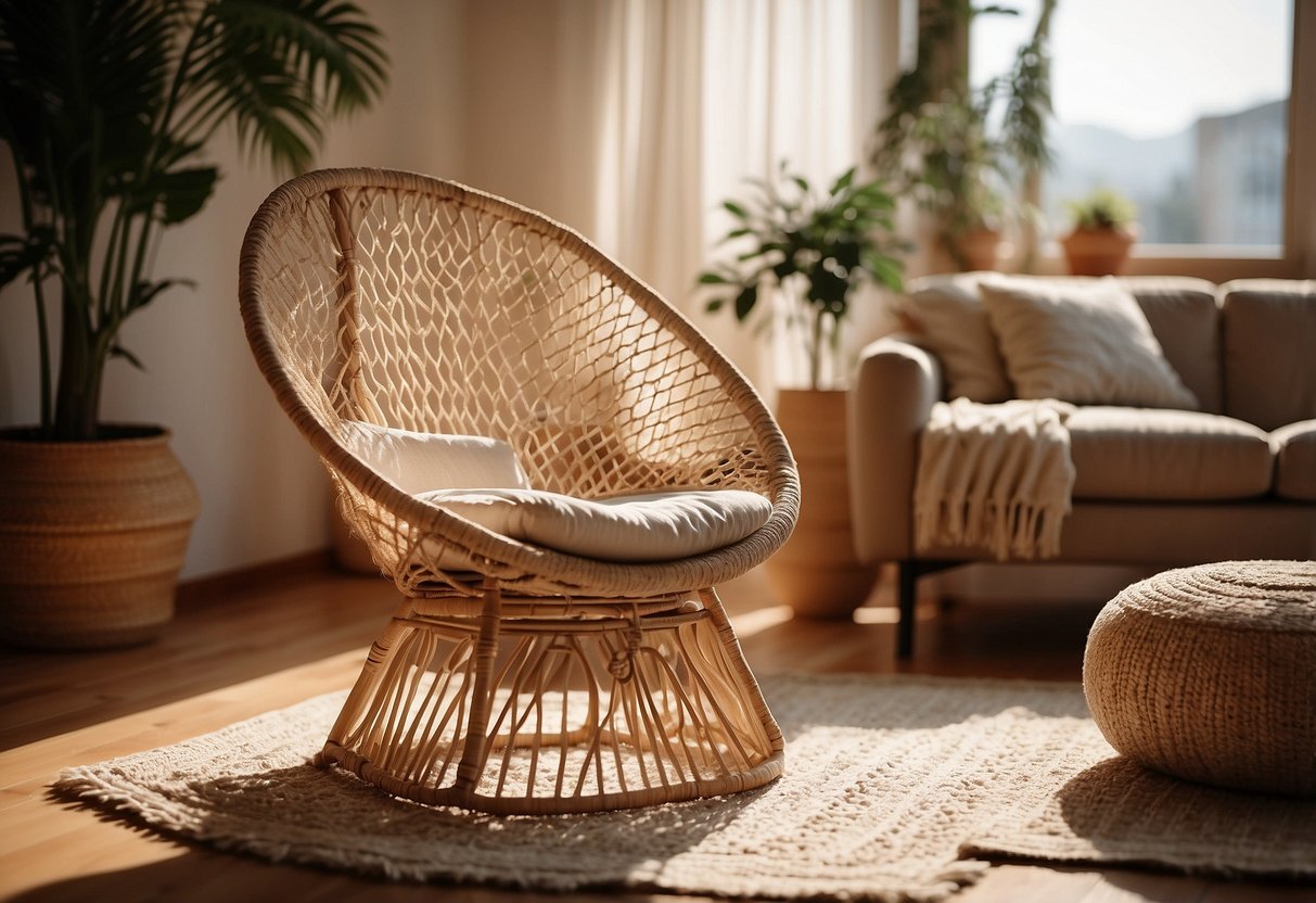 A cozy living room with boho chic furniture: a rattan chair, macramé wall hangings, and a vintage rug. Sunlight streams in through sheer curtains, casting a warm glow