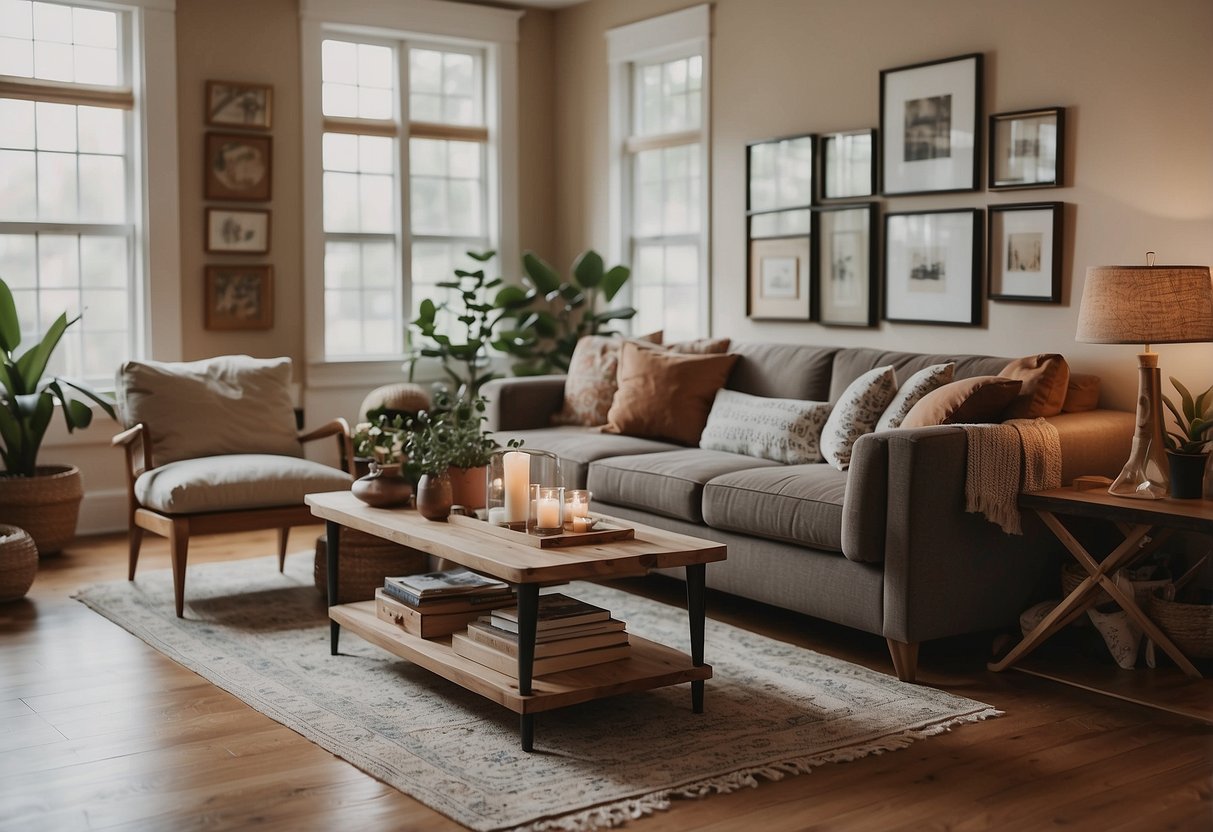 A cozy living room with a mix of vintage and modern furniture, featuring earthy tones, natural materials, and eclectic patterns