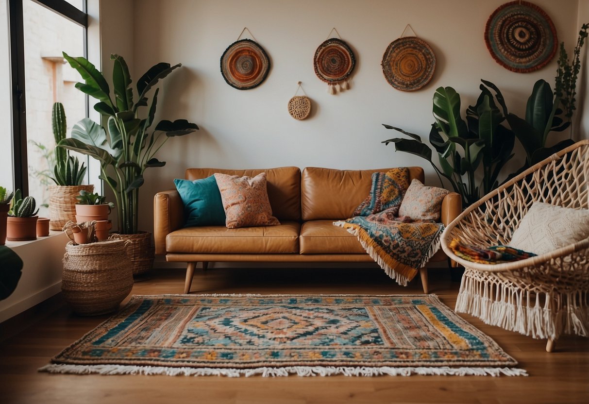 A cozy living room with boho chic furniture, featuring a rattan chair, colorful throw pillows, a vintage rug, and a macrame wall hanging