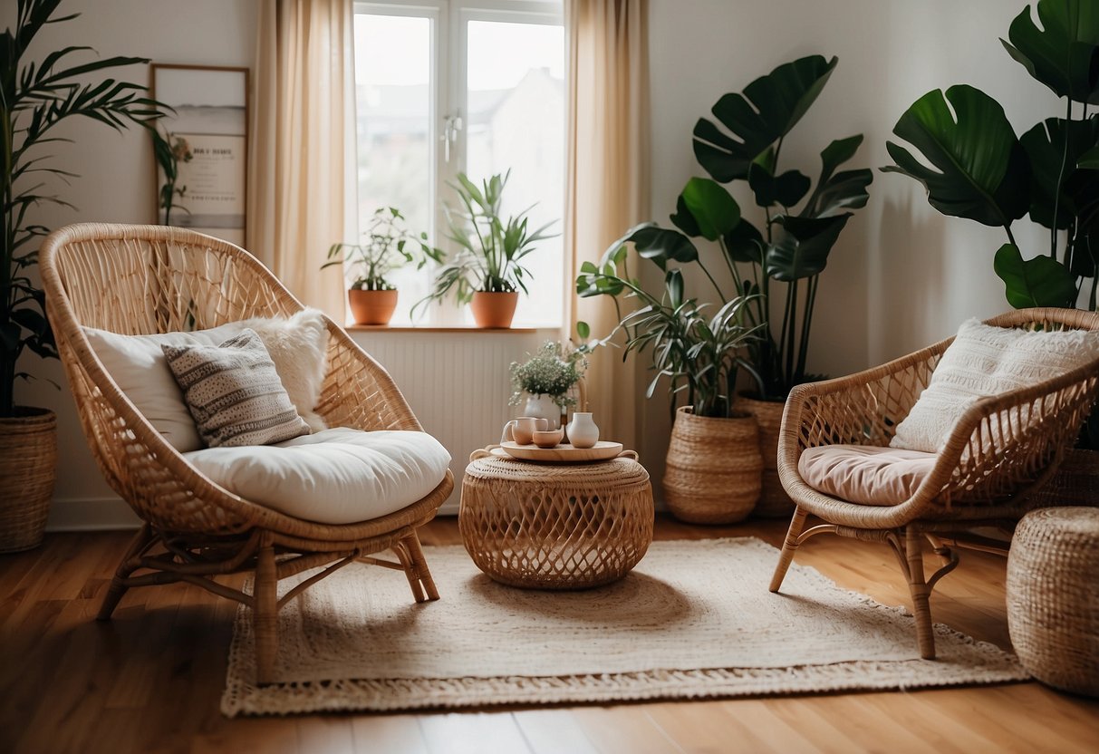 A cozy living room with boho chic furniture, including a rattan chair, macramé wall hangings, and a patterned rug. Plants and natural light create a relaxed atmosphere
