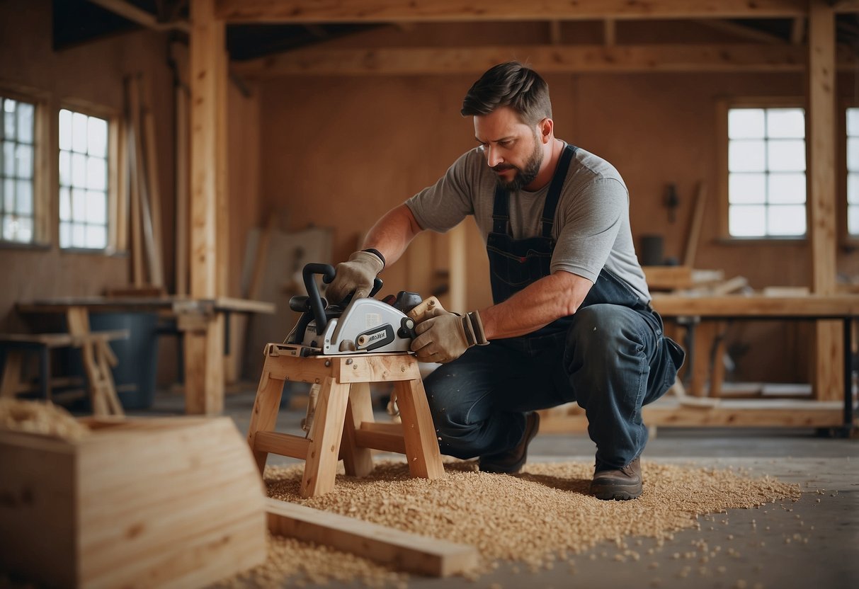 A carpenter builds a wooden chair with a saw, hammer, and nails. Sawdust and wood shavings scatter the workshop floor