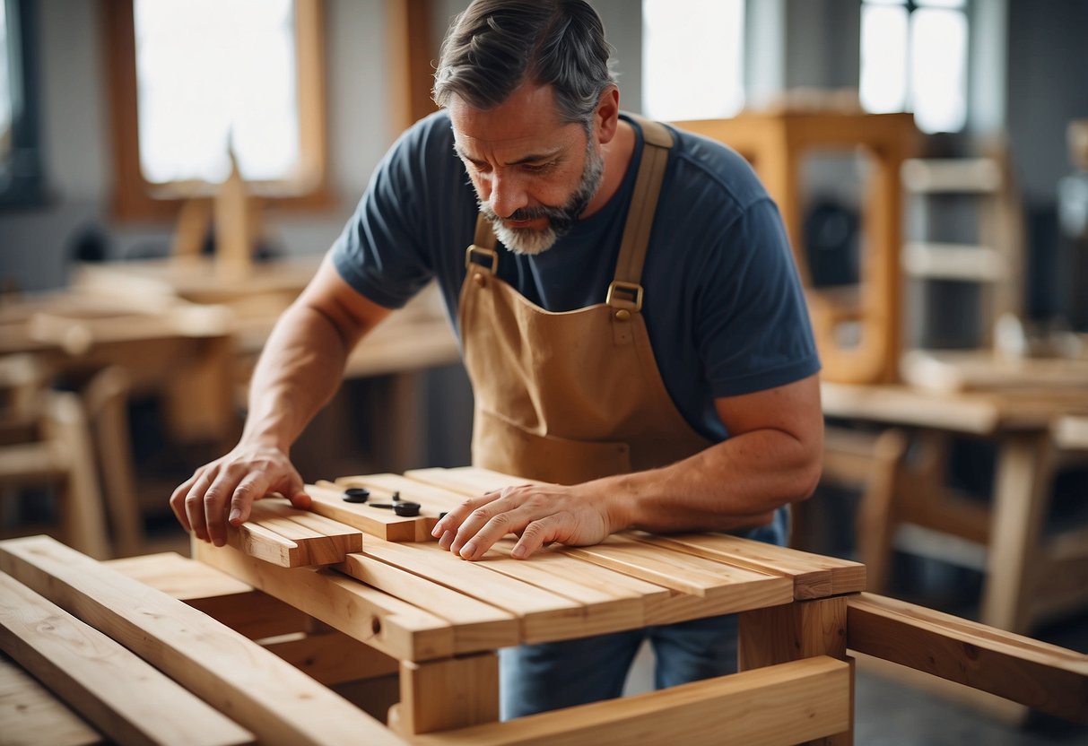 A carpenter constructs a wooden chair with precision and skill