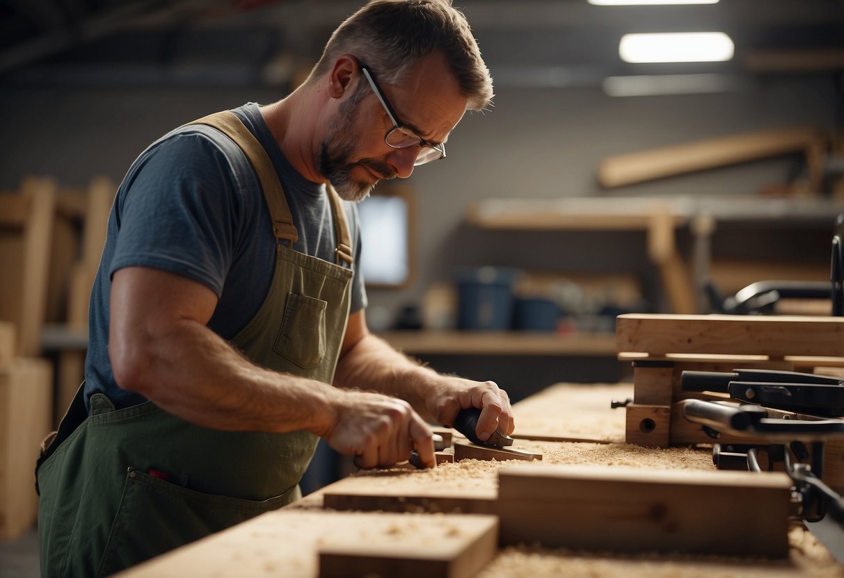 A carpenter measures, cuts, and assembles wood to create furniture. Sawdust fills the air as the workshop buzzes with activity