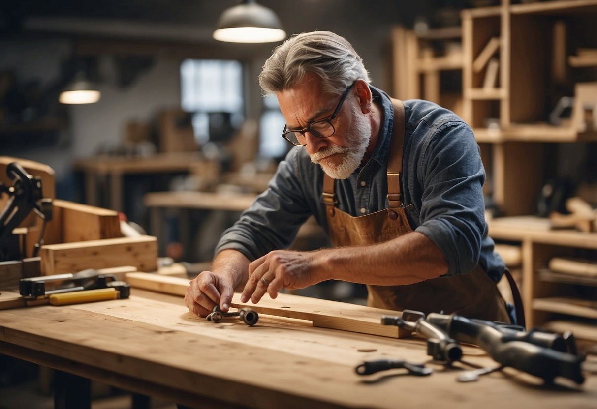 A carpenter at work in a well-lit workshop, surrounded by tools and wood. A finished piece of furniture sits nearby, while the carpenter consults a list of frequently asked questions