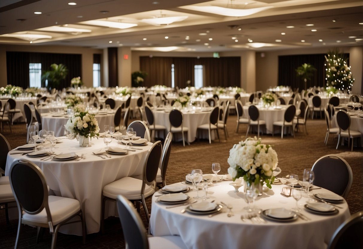 Catering furniture arranged neatly in a spacious, well-lit room. Tables, chairs, and serving stations are set up for a large event