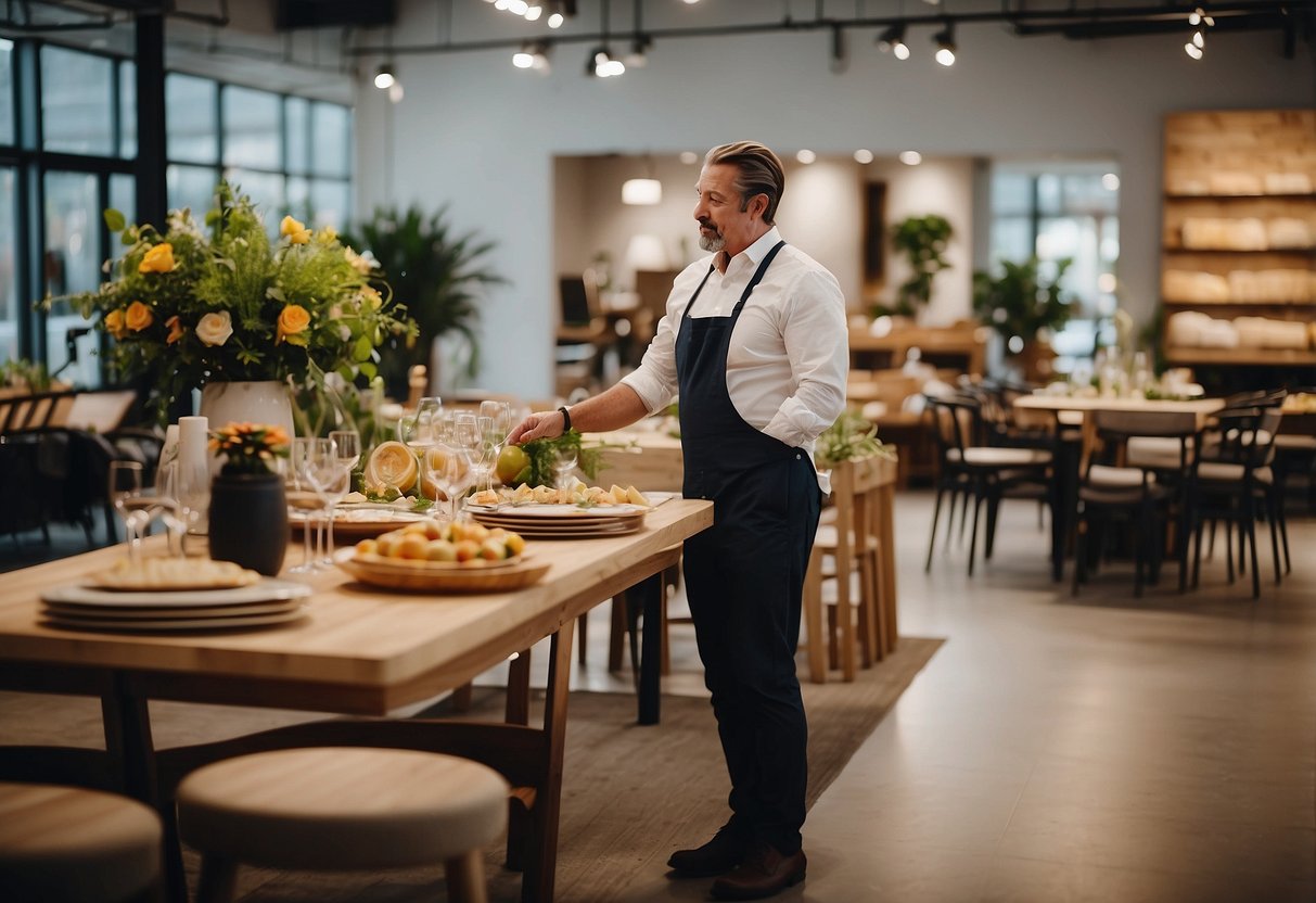 A person is carefully choosing catering furniture from a variety of options displayed in a showroom. The furniture includes tables, chairs, and display units, all designed for use in a catering setting