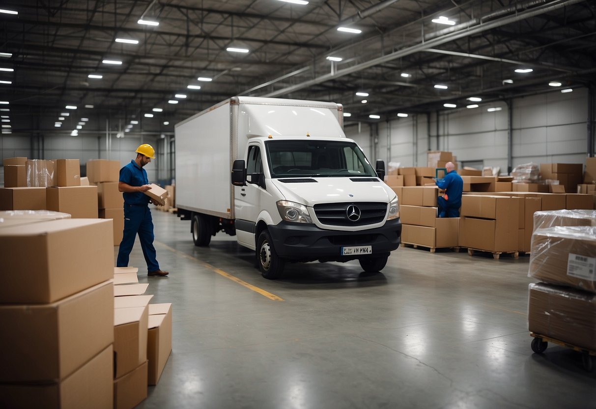 A warehouse with neatly stacked furniture, a customer service representative assisting a client, and delivery trucks ready to transport goods