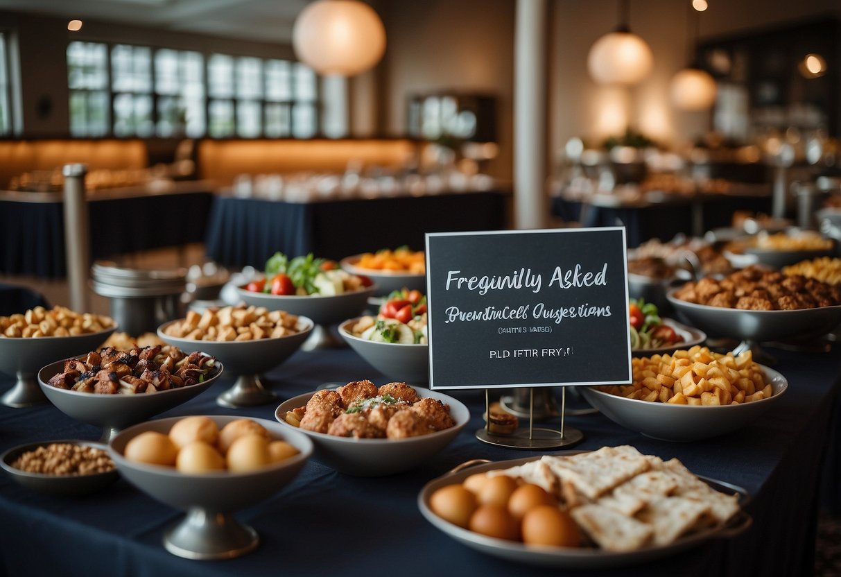 A room filled with various types of catering furniture, including tables, chairs, and buffet stations, with a sign reading "Frequently Asked Questions" prominently displayed