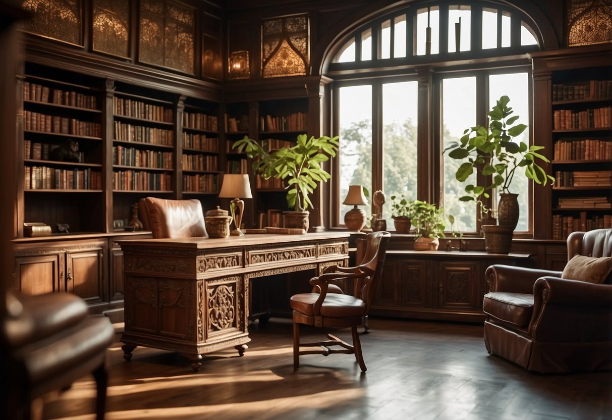 A room filled with chestnut brown furniture, including a large wooden table, a cozy armchair, and a bookshelf with intricate carvings
