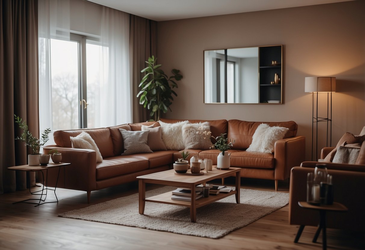 A cozy living room with chestnut brown furniture arranged in a modern and stylish manner