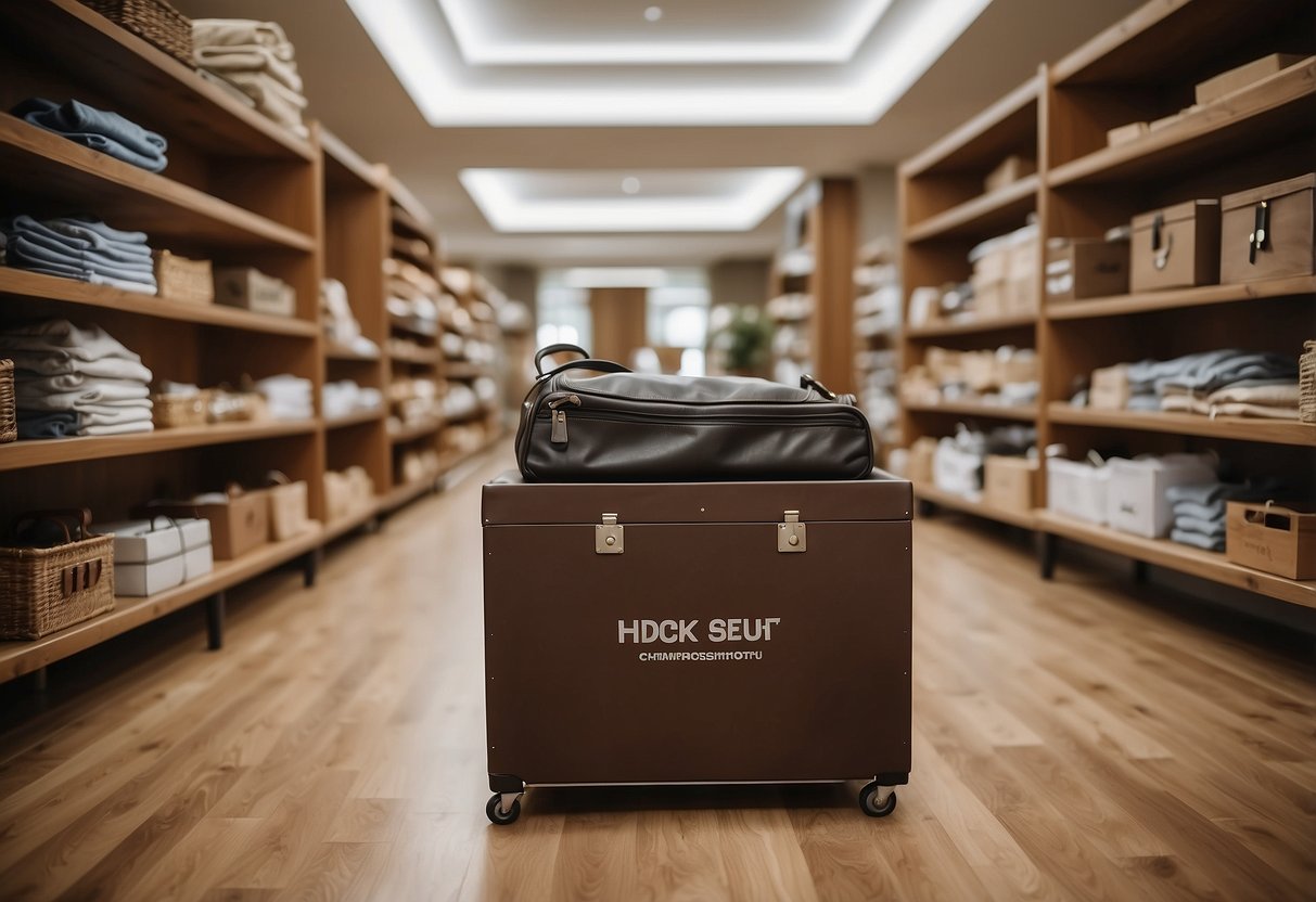 A spacious room with chestnut brown furniture, filled with shopping bags and a care chest