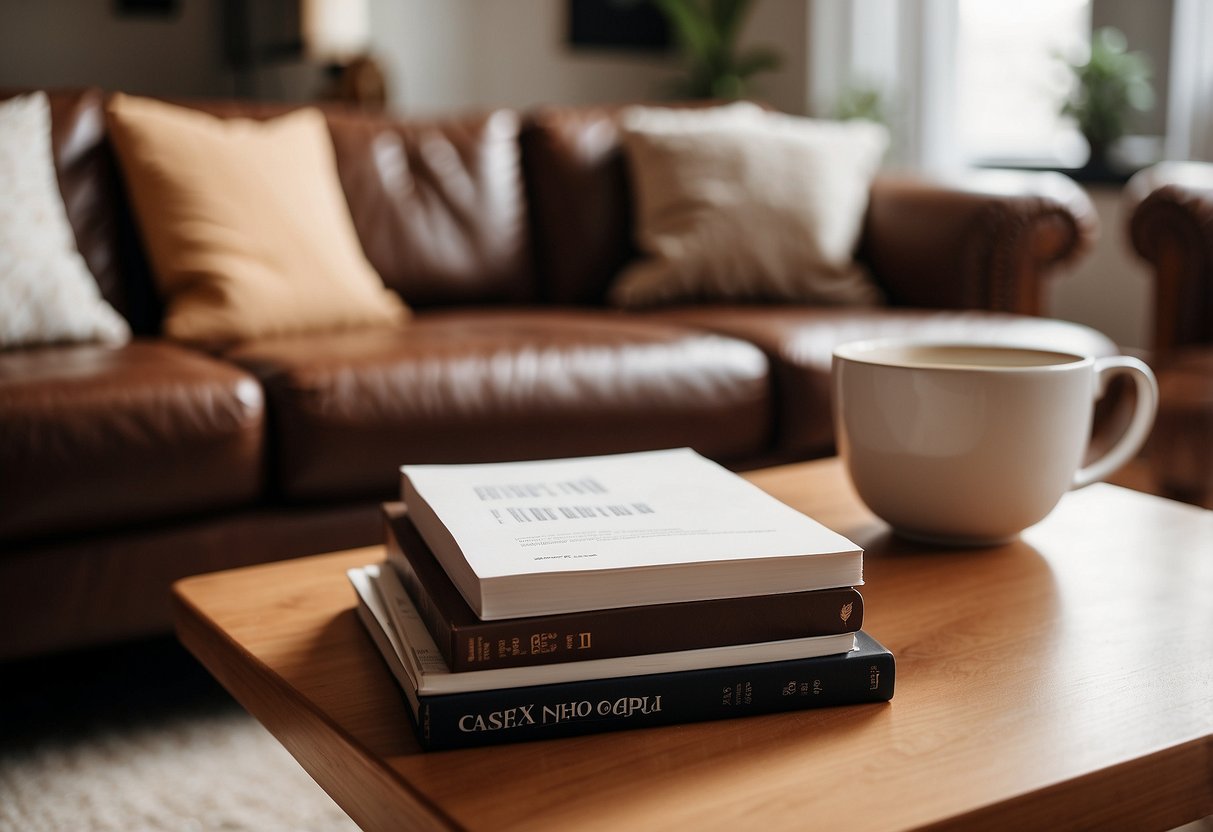 A cozy living room with chestnut brown furniture and a stack of Frequently Asked Questions pamphlets on the coffee table