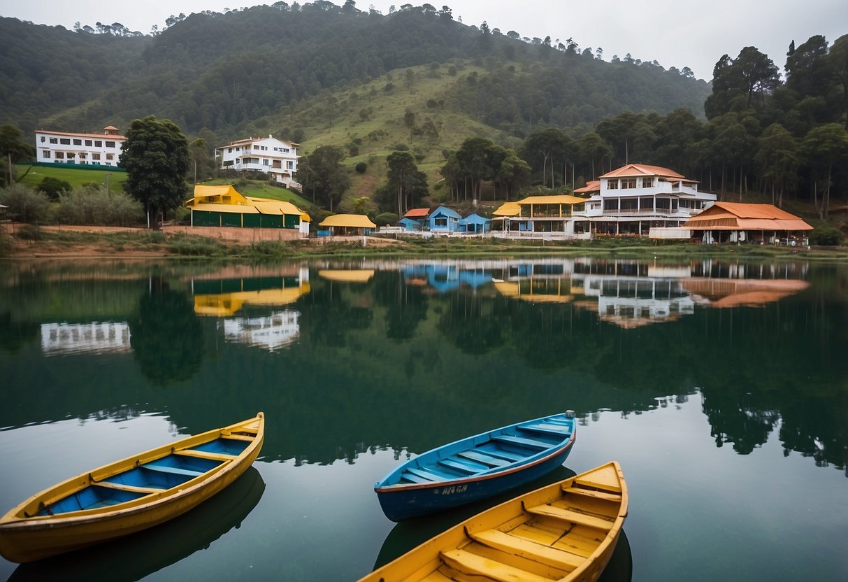 A serene lake reflects the lush greenery of Ooty's boat house, with colorful boats bobbing on the water