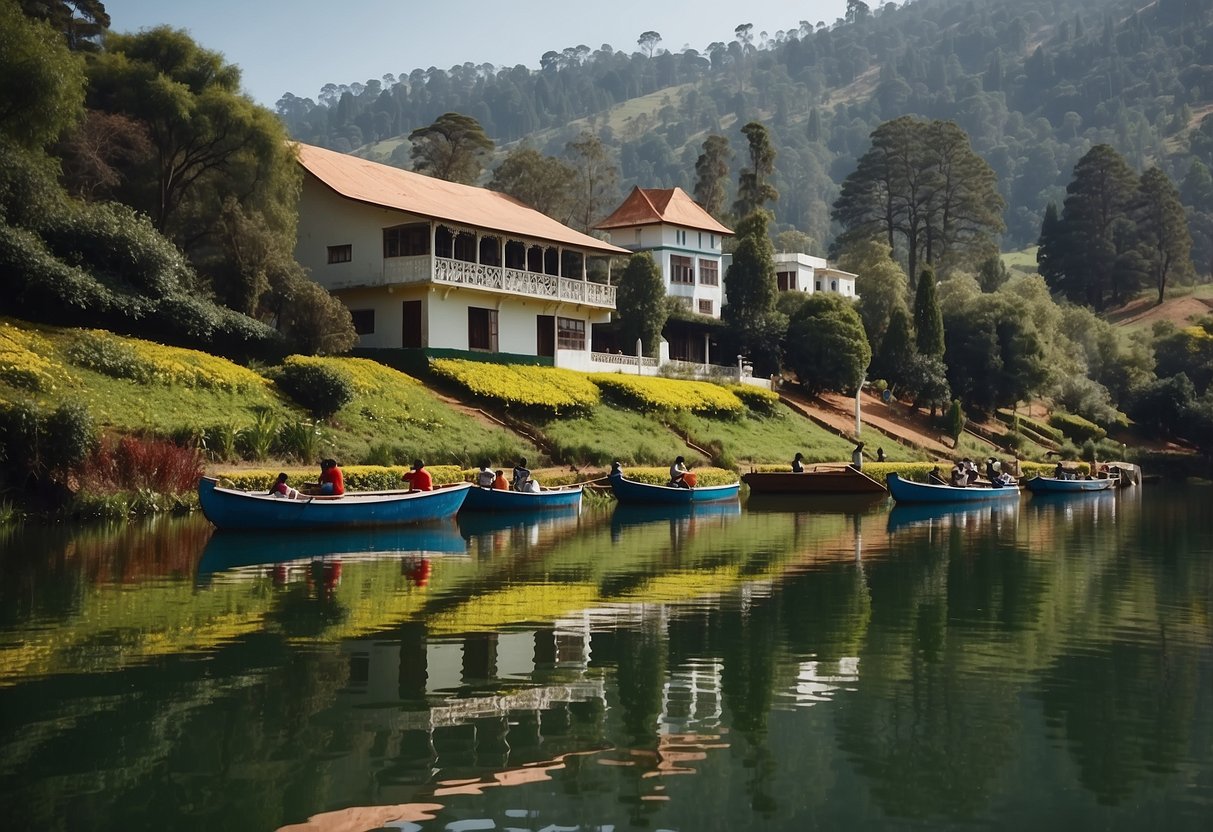People enjoy boating at Ooty Lake, surrounded by lush greenery and the iconic boat house. Tamilnadu Tourism Ooty Boat House