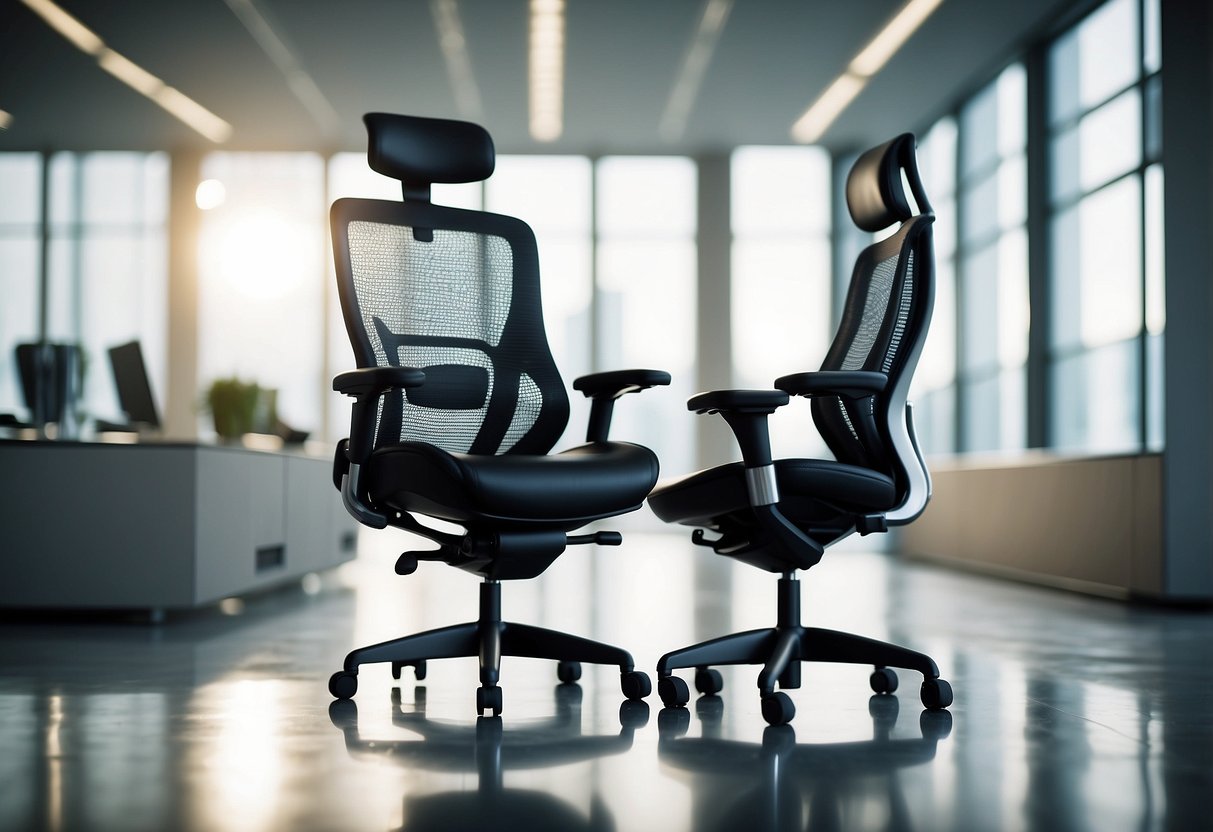 A sleek, ergonomic office chair with adjustable lumbar support and padded armrests, situated in a well-lit, spacious office setting