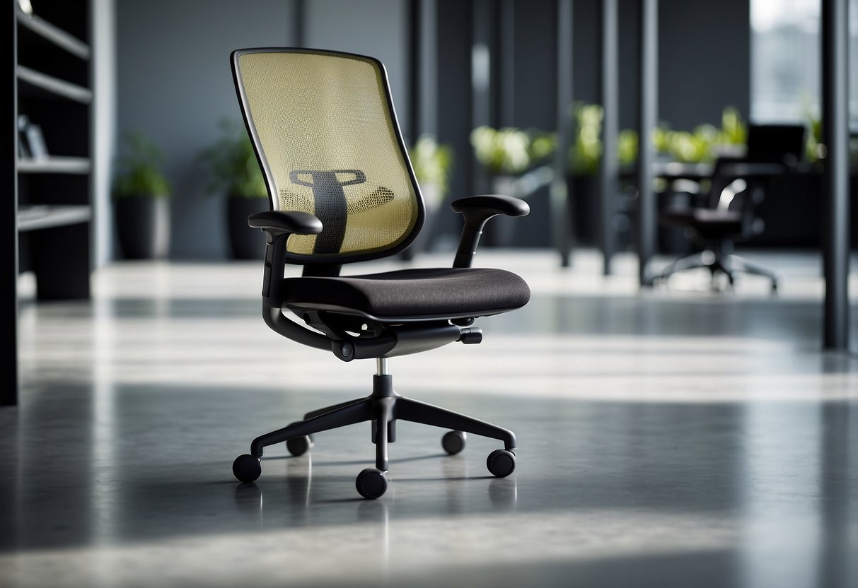 A sleek, ergonomic office chair with mesh back and adjustable armrests. It sits on smooth-rolling casters and is made of durable, easy-to-clean materials