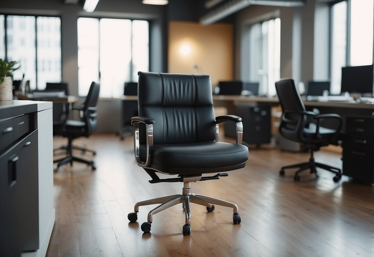 A comfortable office chair with FAQ signage, surrounded by modern furniture
