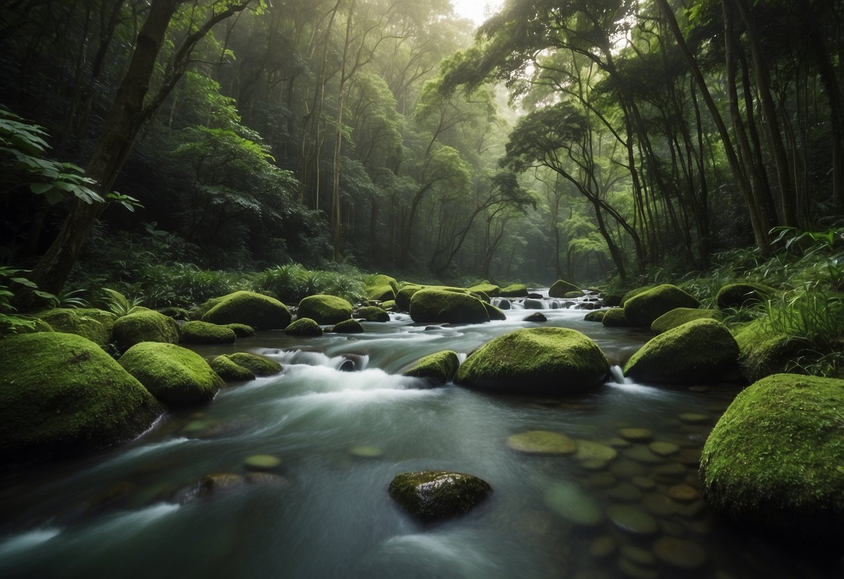 A lush green forest surrounds a flowing river at Paniyeli Poru Eco Tourism Center