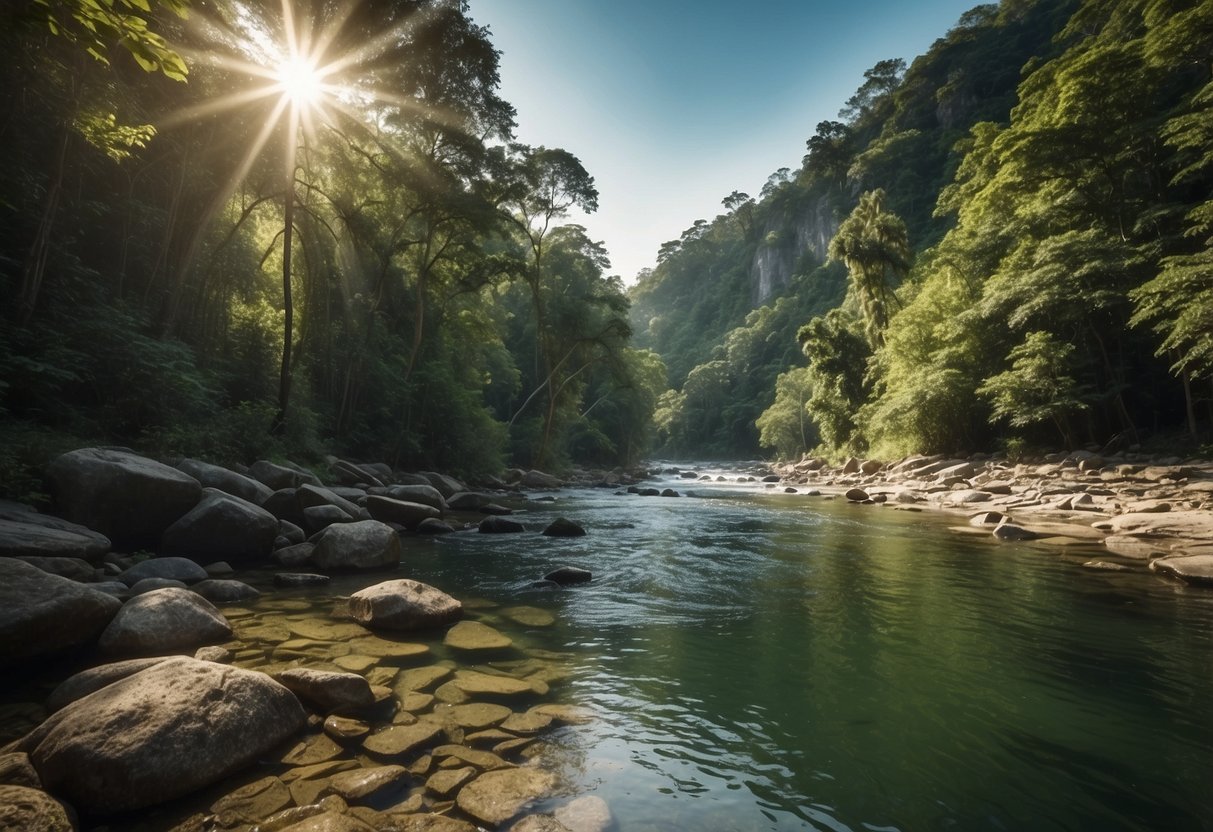 Lush green forest surrounds a flowing river at Paniyeli Poru Eco Tourism Center. Tall trees, rocky cliffs, and clear water create a serene natural landscape | Paniyeli Poru