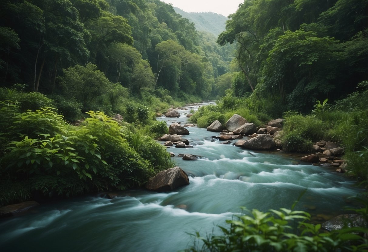 Lush greenery surrounds a flowing river at the Paniyeli Poru Eco Tourism Center, with diverse plant and animal life thriving in the natural habitat