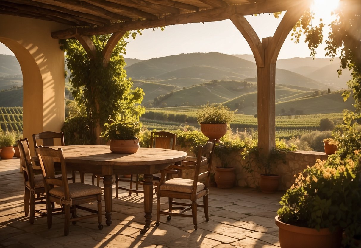 A rustic Italian villa surrounded by rolling hills, with a vineyard in the distance and a warm, golden sunlight casting a soft glow over the traditional, handcrafted furniture displayed in a spacious showroom