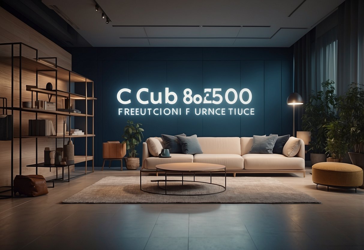 A room with modern, minimalist furniture and a large "Frequently Asked Questions" sign above a display of Cubo furniture pieces