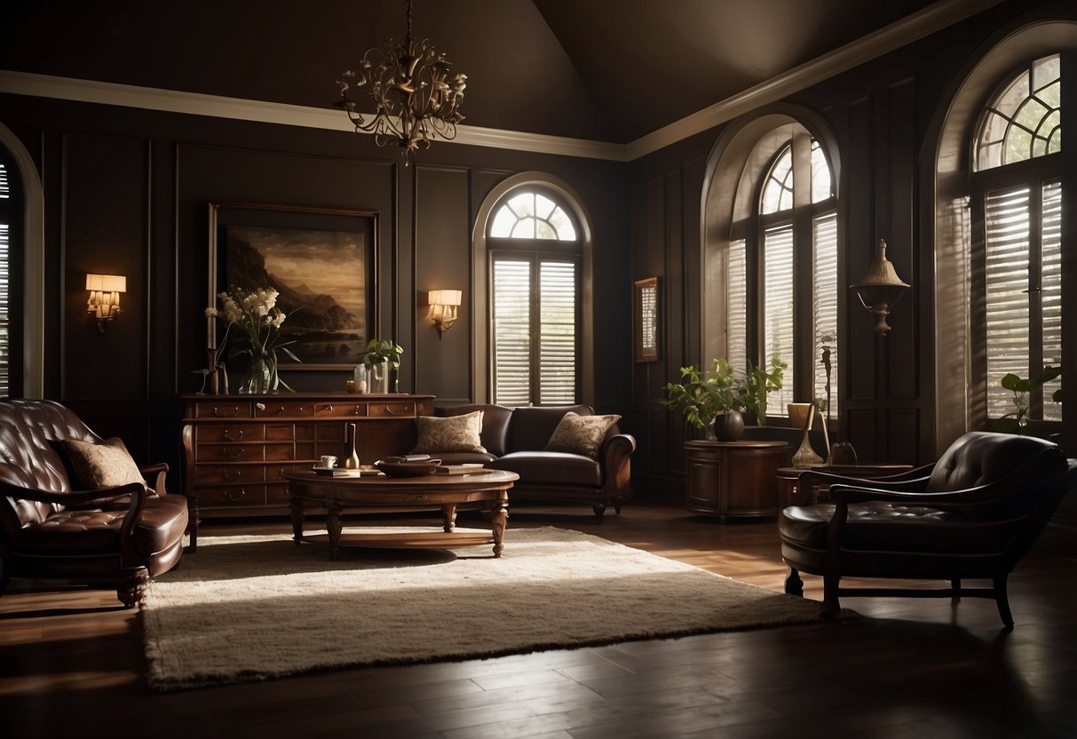 A room with dark brown furniture paint, casting deep shadows